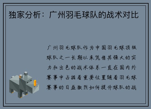 独家分析：广州羽毛球队的战术对比