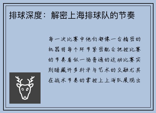 排球深度：解密上海排球队的节奏